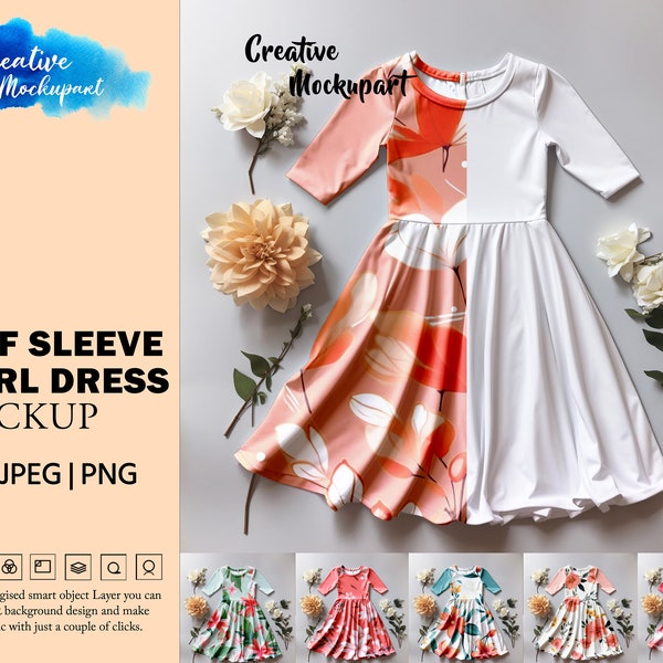 Half Sleeve Twirl Dress Mockup| Kids Twirly Dress Mockup | Style Photography| Insert design Via Photoshop Smart PSD Object, Canva PNG & JPG