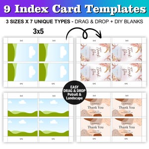 May include: Nine printable index card templates in three sizes, including blank cards and cards with pre-designed borders and text. The designs include a green and white landscape, a brown and beige abstract design, and a floral design with a pink and gold colour scheme. The text on the cards reads "Thank You".