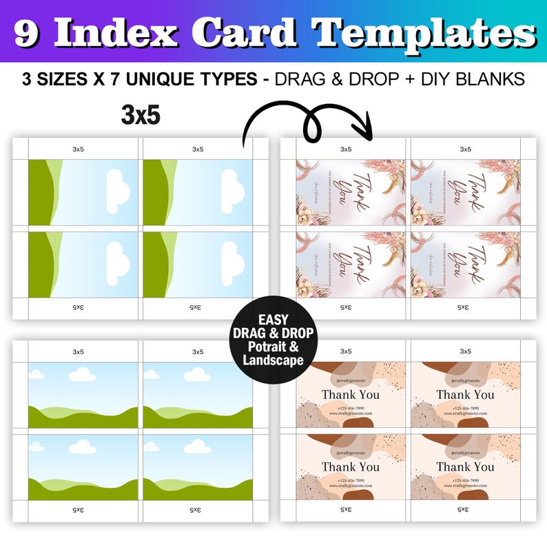 May include: Nine printable index card templates in three sizes, including blank cards and cards with pre-designed borders and text. The designs include a green and white landscape, a brown and beige abstract design, and a floral design with a pink and gold colour scheme. The text on the cards reads "Thank You".