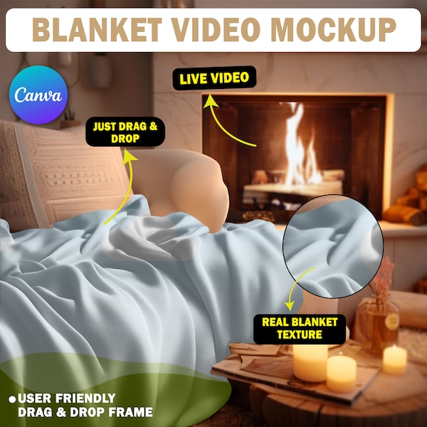 Video Blanket Mockup, Fleece Sherpa Velveteen Plush Microfiber Minky Blanket Canva Frame Drag and Drop Mockups Cosy Blanket Animation Mockup