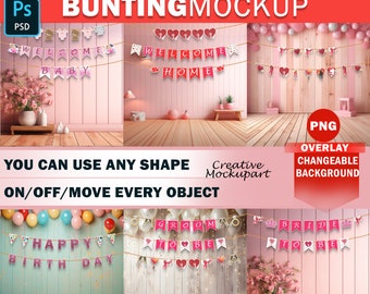 Custom Shape All In One Bunting Mockup, DIY Paper Flag Banner Mockup, Make Your Own Pennant Bunting Banner Mockup Insert Design Via PSD, PNG