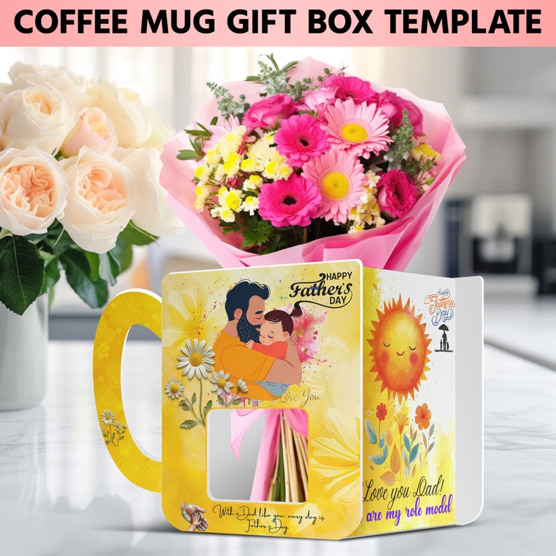 Puede incluir: Una plantilla de caja de regalo de taza de caf&eacute; amarilla con un dise&ntilde;o del D&iacute;a del Padre. La taza presenta una ilustraci&oacute;n de dibujos animados de un padre y un hijo abraz&aacute;ndose. La caja incluye una tarjeta con el texto "Feliz D&iacute;a del Padre" y "&iexcl;Te quiero pap&aacute;! Eres mi modelo a seguir".