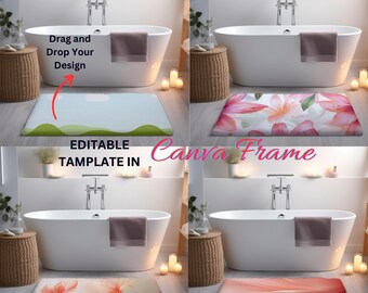 May include: A mockup of a bathroom rug with a white bathtub and a towel on the side. The rug is a light blue colour with a green border and a white cloud design. The text "Drag and Drop Your Design" is on the left side of the image. The text "Editable Template in Canva Frame" is at the bottom of the image.