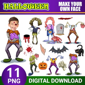 以下が含まれることがあります： ハロウィーンのクラフトプロジェクト用のデジタル画像11点。画像には、ゾンビ、コウモリ、猫、墓石、脳、カボチャ、顔の空白のゾンビが含まれています。画像には「Make Your Own Face」というテキストが含まれています。