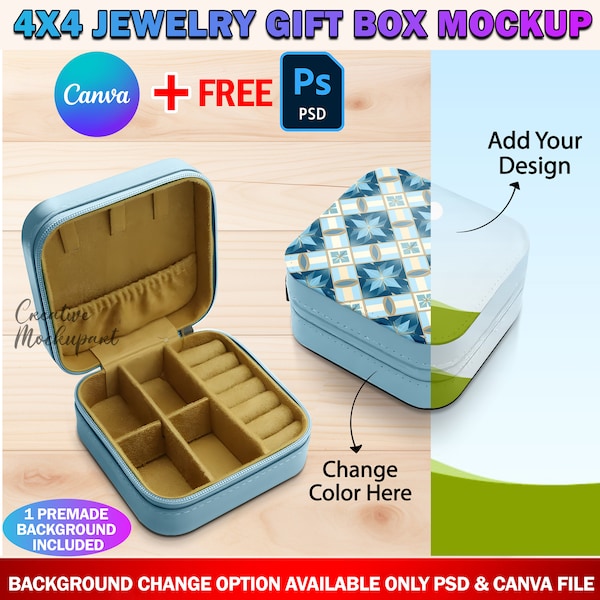 Canva 4X4 Inch Jewelry Gift Box Mockup For Sublimation, Gift Case Mockup, Insert Design & Background Via Smart Canva Frame And Photoshop PSD