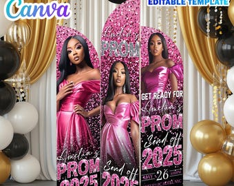 Könnte beinhalten: Drei rosa und schwarze Holzpaneele mit glitzerndem Hintergrund. Die Paneele zeigen ein Foto einer Frau in einem rosa Kleid und den Text "Amelia's Prom Send Off 2025".