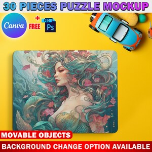 Peut inclure: Une maquette de puzzle de 30 pi&egrave;ces repr&eacute;sentant une sir&egrave;ne aux longs cheveux bleus et une queue verte. Le puzzle est sur une surface jaune avec une voiture jouet bleue et une &eacute;ponge jaune.