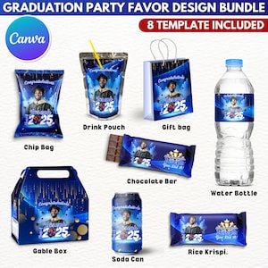 8x sjabloonbundel afstuderen partij gunst, blauw canvas bewerkbaar ontwerp afstuderen traktaties, partij gunst aangepaste wateretiketten, zak chips, wrapper