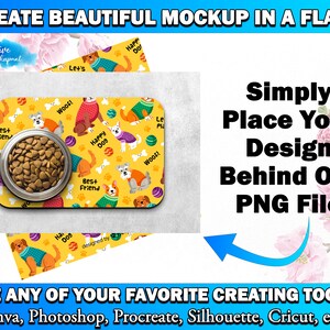 May include: A yellow dog-themed pet bowl mat with a brown dog food bowl on top. The mat has a repeating pattern of dogs, bones, and balls. The text "Best Friend" and "Happy Dog" are on the mat. The text "Simply Place Your Design Behind Our PNG File" is on a pink floral background.