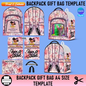Conception de boîte-cadeau de sac à dos, modèle de toile de boîte-cadeau de sac de livre de cadeau de retour d'école Modèle de boîte modifiable de texte de changement de nom d'insertion d'image