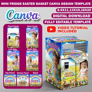 Plantilla de Canva para caja de regalo de mininevera con puerta francesa, caja de regalo de canasta de Pascua con cartón pluma, bolsa de regalo de lujo, caja de regalo de cumpleaños DIY editable en Canva