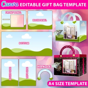 May include: A printable gift bag template with a blue and green landscape design. The template includes instructions for assembling the bag, which has a handle, front, back, bottom, and two sides. The template is labeled "A4 Size Template".