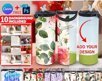 Canva 20oz Water Bottles Tumbler With Straw and Portable Handle Mockup For Sublimation, Insert Design & Background Via PSD Smart Canva Frame