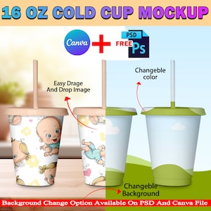 Canva 16Oz Cold Cup Mockup, 16oz Mini Cup Mockup, Insert Your Design & Background Via Smart Canva Frame And Photoshop PSD