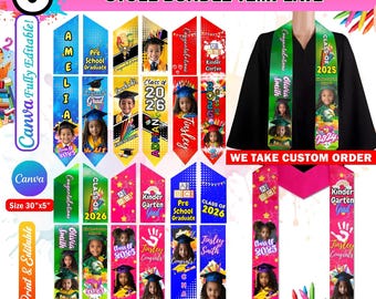 6 Pre-K & Kindergarten Kids Graduation Stole Design Bundle, Kids Sash Sublimation 2025, Canva Editable Graduation Template Perfect For Kids