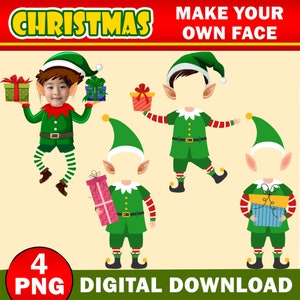 Christmas Elf With Gift Add Your Photo Face, DIY Elf Yourself PNG Bundle, Elf Face Blank, Christmas Craft for Kids Xmas Bulletin Board Decor