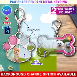May include: A metal keyring with a paw-shaped pendant and a bone-shaped pendant. The paw pendant features a pink paw print and a photo of a kitten. The bone pendant has a pink border and photos of two dogs. The text says "PAW SHAPE PENDANT METAL KEYRING".