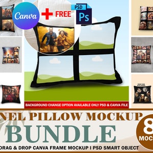 Pode incluir: Um pacote de maquetes de oito ou mais designs de almofadas de painel. As almofadas são pretas com uma borda branca e apresentam uma variedade de imagens. O texto "PANEL PILLOW MOCKUP BUNDLE" está em letras grandes e em negrito na parte inferior da imagem. O texto "EASY DRAG & DROP CANVA FRAME MOCKUP I PSD SMART OBJECT" está abaixo do título do pacote. O texto "8+ MOCKUPS" está em um círculo marrom no canto inferior direito da imagem.