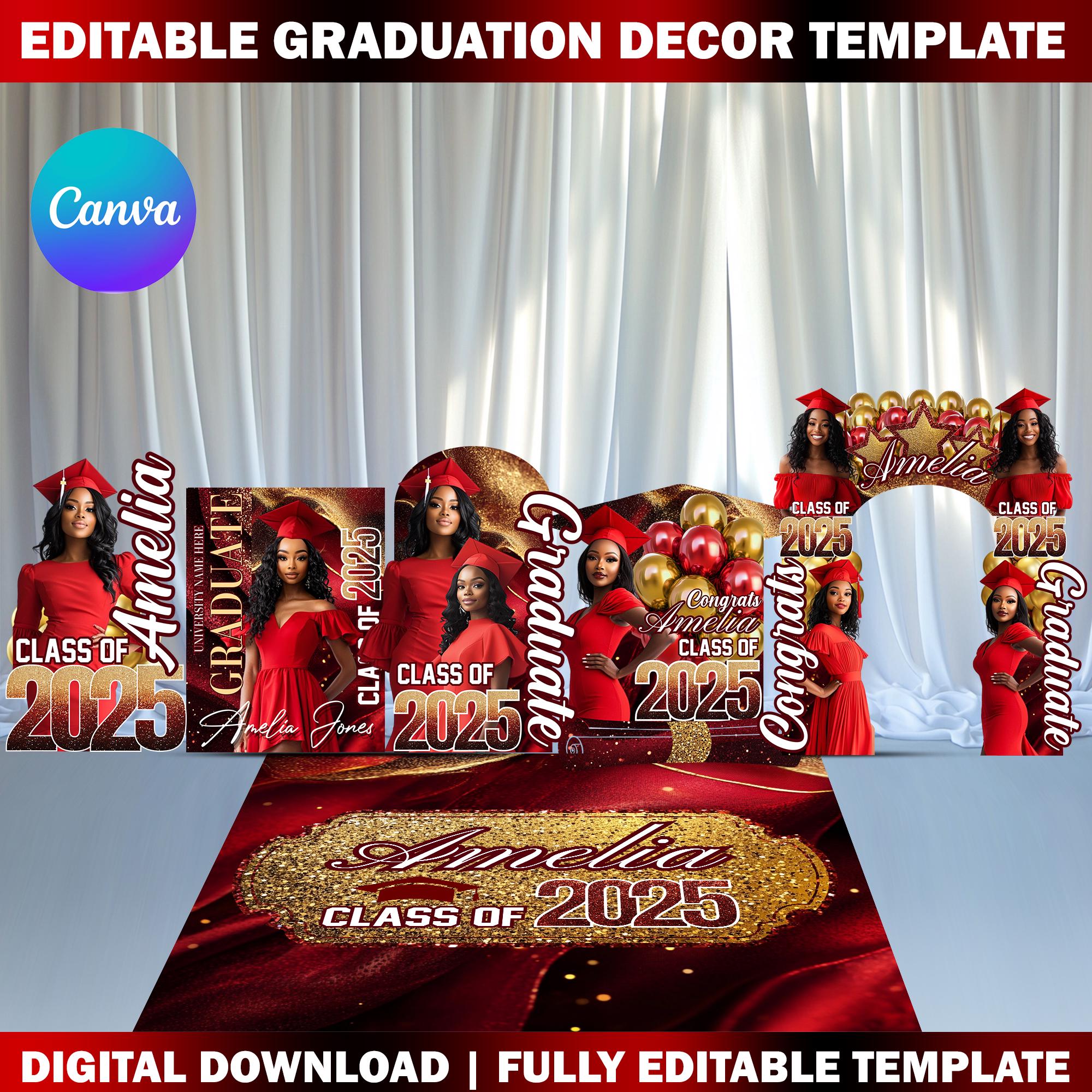 Custom Graduation Decor Canva Template Bundle, Name Cutout, Red Grad Entrance Arch, Magazine Backdrop, Hat Arch Wall, Floor Wrap Decor Set
