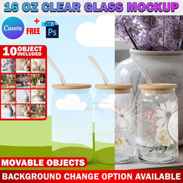 Canva 16oz Clear Glass With Bamboo Lid Mockup, 16oz Libby Clear Glass Can Mockup, Add Design & Background (10 Included) Via PSD Canva Frame