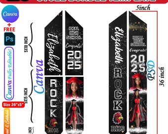 May include: A printable template for a 72-inch graduation stole. The template features a black background with white text and a gold glitter effect. The text includes the name "Elizabeth", the school initials "BHS" and "RHS", and the words "Rock", "Ideal High School", "Congrats!" and "Class of 2025". The template also includes space for a photo.