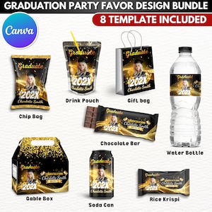 8X Graduation Party Favor Template Bundle, Gold And Black Canva Editable Graduation Treats Design, Party Favor Custom Water Labels, Chip Bag