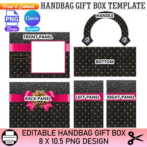May include: Printable template for a handbag gift box. The template includes six panels: front, back, bottom, left, right, and handle. The panels feature a black and gold quilted design with a pink ribbon and bow on the back panel. The text "FRONT PANEL", "BACK PANEL", "BOTTOM", "LEFT PANEL", "RIGHT PANEL", and "HANDLE" are visible on the panels. The text "EDITABLE HANDBAG GIFT BOX 8 X 10.5 PNG DESIGN" is visible at the bottom of the image.
