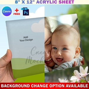 Canva Hand Holding 8 x12 Inch Acrylic Sheet Mockup For Dye Sublimation, Insert Design & Background Via Smart Canva Frame And Photoshop PSD