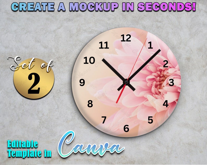 Peut inclure: Deux maquettes d'horloges florales roses sur fond blanc. Le cadran de l'horloge a des aiguilles noires et des chiffres noirs. Le texte "Cr&eacute;er une maquette en quelques secondes !" est en haut de l'image. Le texte "Set of 2" est dans un cercle dor&eacute;. Le texte "Mod&egrave;le modifiable dans Canva" est en bas de l'image.