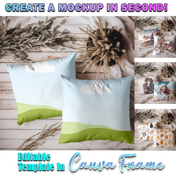 Canva Frame A Pair Of Square Pillow Mockup | Throw Pillow Mockup| Dye Sublimation, Drag & Drop Add Your Own Design Via , Canva Frame