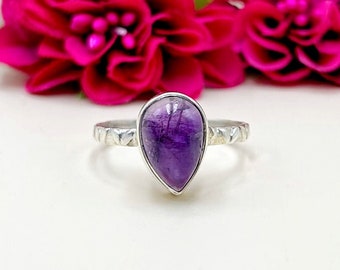 Natürliche Amethyst Birne Form 925 Sterling Silber handgemachte Ring Geschenk für sie Geburtstagsgeschenk für Mama Jahrestag Geschenk für Frau, Frauen Ringe.