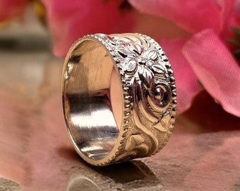 Floral Design Band Ring, 925 Sterling Zilveren Ring, Brede Duim Ring, Meditatie en Zorg Ring, Handgemaakte Ring Cadeau voor moeder, Massief Zilveren Ring