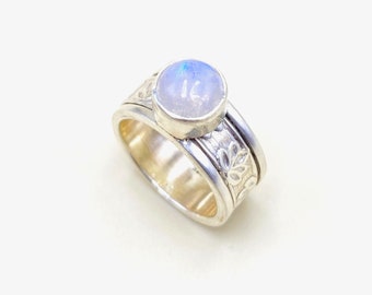 Blue Fire Moonstone Spinner Ring, 925 Sterling Silver Ring, Flower Design Ring, Meditation Thumb Ring, Spinning Ring, Gift For Her Birthday.