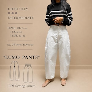 以下が含まれることがあります： 中級レベルのLumoパンツ用PDF型紙。サイズはUK 6-24、US 4-20、EUR 34-52。画像には、白いワイドパンツ、黒と白のボーダー柄セーター、パンツの前後を描いた線画が含まれています。