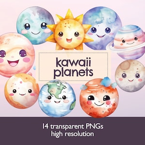 Kawaii planètes aquarelle Clip Art – mignon système solaire Clip Art – fond transparent DIGITAL PNG Bundle
