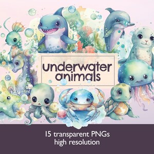 Süßes Meerestier Aquarell ClipArt – Aquatic Maritime Unterwasser Aufkleber – transparenter Hintergrund DIGITAL PNG Bundle