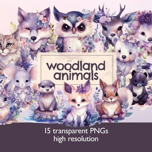 ClipArt de animais em aquarela roxa – Adesivos de floresta Aquarelle – Clip Art de criaturas da floresta violeta – Pacote DIGITAL PNG