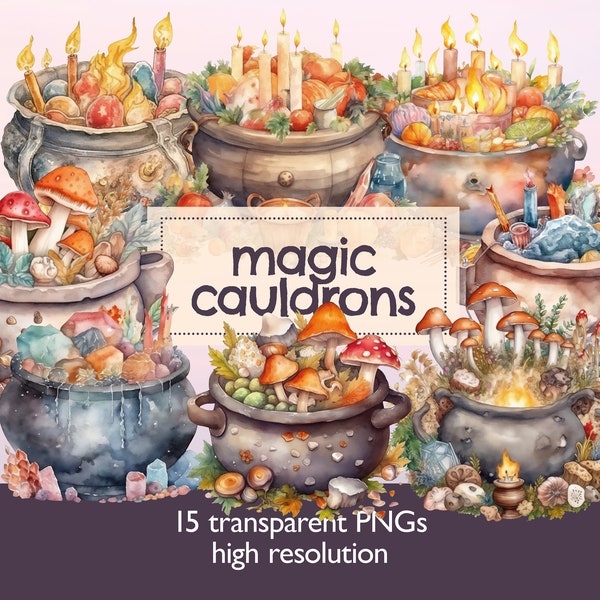 Bubbling Cauldron filled with Magic Watercolor ClipArt – Kettle with Crystal and Candle Sticker – transparent background DIGITAL PNG Bundle