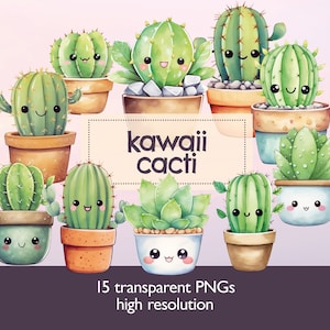 Cactus mignon dans des pots aquarelle ClipArt - autocollant de cactus succulents en pot d'intérieur - fond transparent DIGITAL PNG Bundle