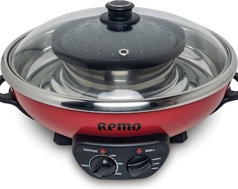 Remo - Sartén eléctrica para fondue coreana con parrilla - 5,0 litros - Rojo - Olla coreana