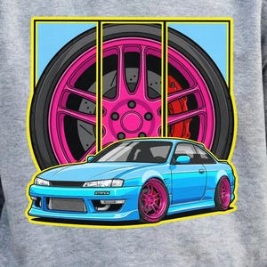 Blue JDM Car Pink Wheels PNG, Drift Stance Sublimation, Japanese Auto Shirt Graphic, Car Meet Art