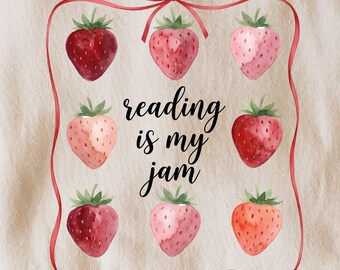 Reading Is My Jam PNG, Strawberry Sublimation, Bookworm Shirt Design, Watercolor Fruit Art, Teacher Reading Gift, Aesthetic Bookish Graphic