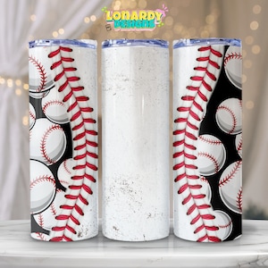 May include: Three stainless steel tumblers with a baseball theme. The tumbler on the left has a black background with white baseballs and red stitching. The tumbler on the right has the same design. The tumbler in the middle is white with a distressed look.