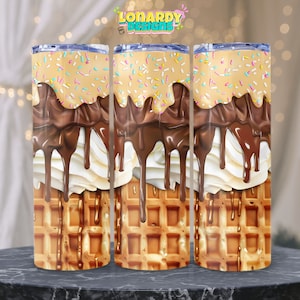 Ice Cream Waffle Tumbler PNG, 20oz Chocolate Drip Tumbler Wrap, Sprinkles Sublimation Design, Sweet Dessert Cup Printable, Instant Download