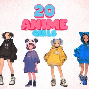 Ensemble de cliparts mignons filles anime PNG, ensemble de personnages d'anime à la mode, fille manga kawaii, personnages de dessins animés imprimables, graphiques adolescentes