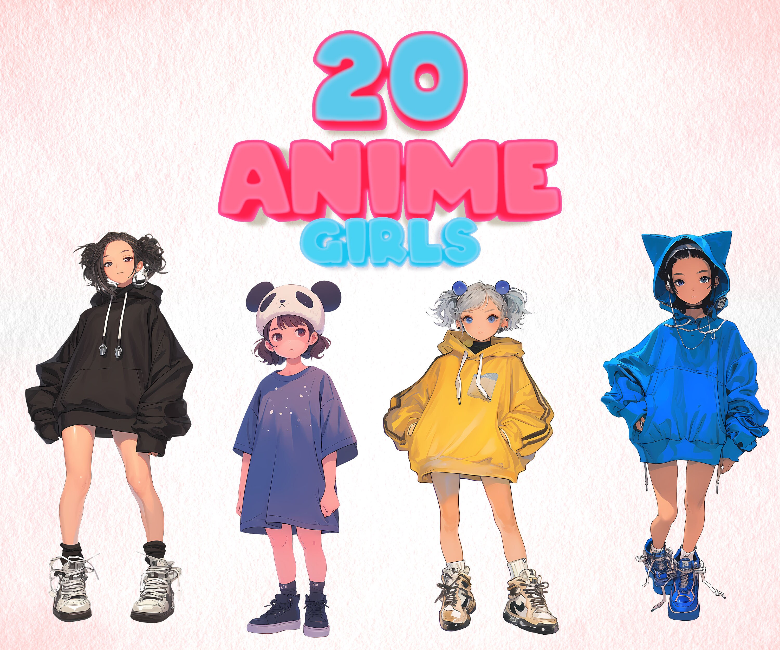 Cute Anime Girls Clipart Bundle PNG Fashionable Anime Characters Set Kawaii Manga Girl Printable Cartoon Characters Graphics Teenage Girls
