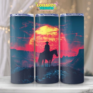 Cowboy Sunset Tumbler Wrap PNG, Western 20oz Skinny Tumbler Sublimation, Rodeo Horse Rider Silhouette Design, Rustic Country Wrap
