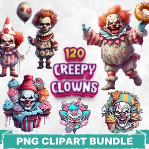Pacote de clipart PNG de palhaço assustador Personagens assustadores Design de sublimação Horror Printables Adesivo de circo assustador Gráficos de Halloween Decoração assombrada