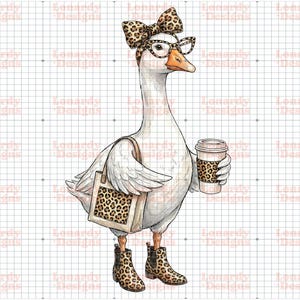 May include: A whimsical illustration of a goose wearing glasses, a leopard print bow, and boots. The goose carries a tote bag and a coffee cup, both with leopard print accents. The background is a grid pattern.