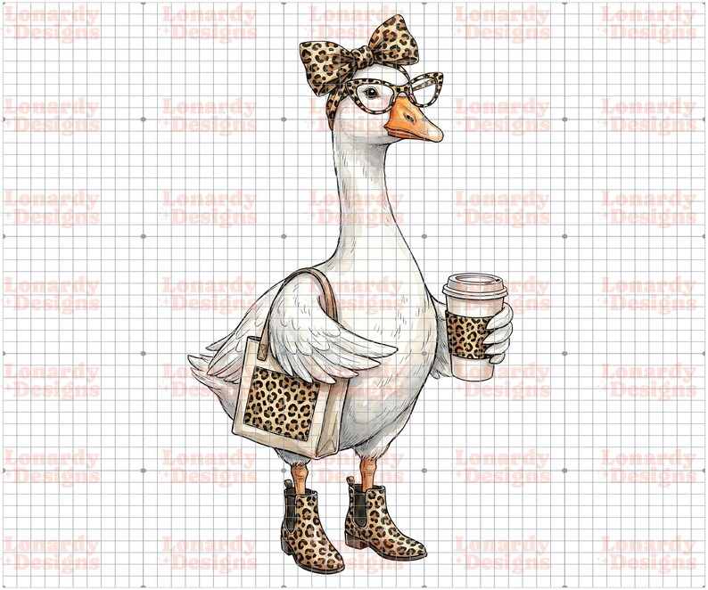 May include: A whimsical illustration of a goose wearing glasses, a leopard print bow, and boots. The goose carries a tote bag and a coffee cup, both with leopard print accents. The background is a grid pattern.